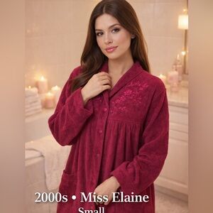 Miss Elaine Y2K Plush Ribbed Robe Burgundy Embroidered Small